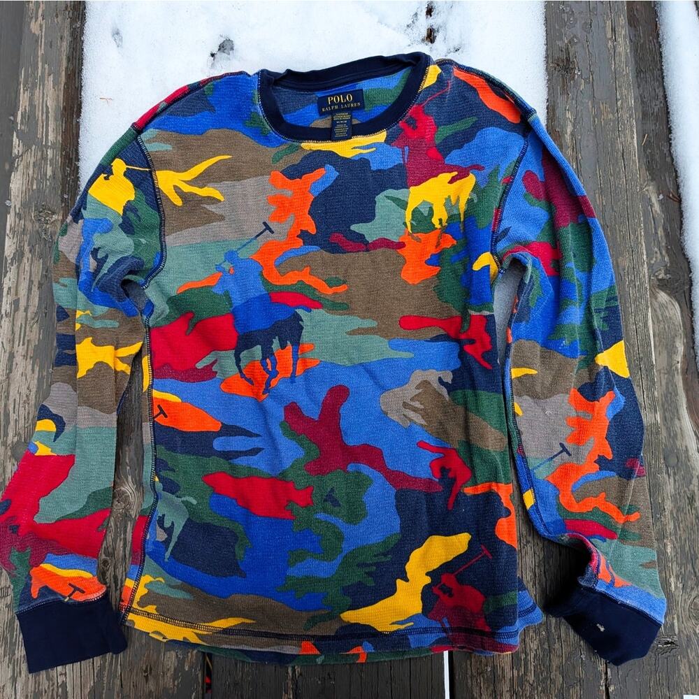 Polo Ralph Lauren Big Pony Waffle Knit Thermal Long Sleeve Camo Colorblock M - Picture 5 of 5